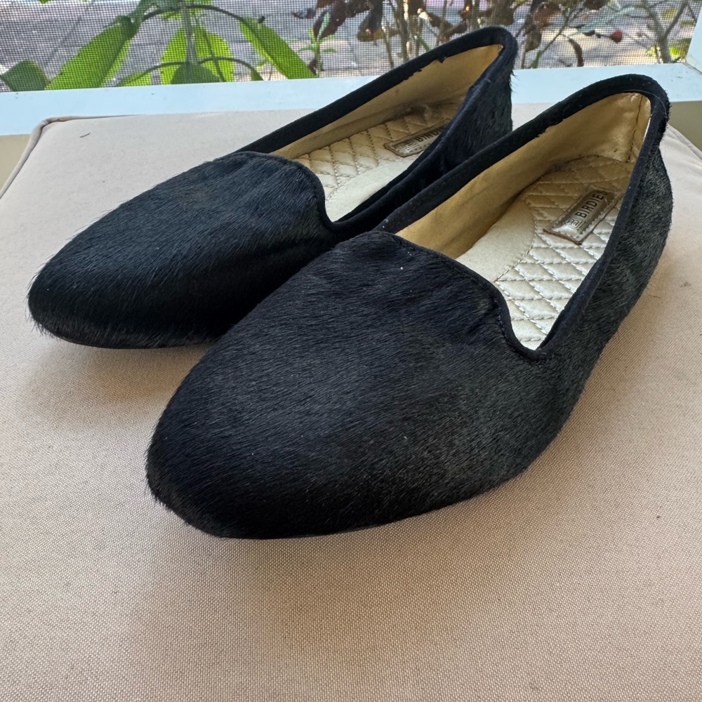 Birdies 5.5 calf hair leather black loafers Almond toe flats office every day